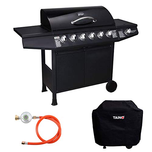 TAINO Basic 6+1 Gasgrill Set inkl. Abdeckung/Druckminderer Grillwagen BBQ Edelstahl-Brenner Seitenkocher Gas-Grill TÜV Schwarz