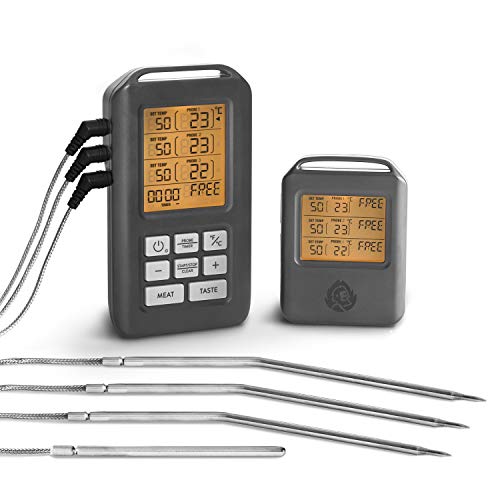 BURNHARD Funk Grillthermometer mit 4 Temperaturfühlern, 30m Reichweite, Digital Braten-Thermometer für Grill & Backofen, Timer, BBQ Thermometer, Grillzubehör für Fleisch & Fisch