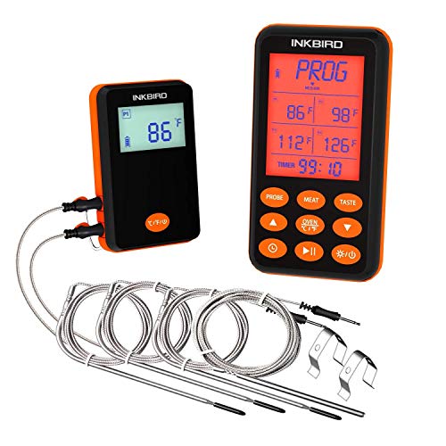 Inkbird Grillthermometer Funk IRF-4S mit 4 Messfühlern, IPX5 Wasserdichtes Grillthermometer Radio mit Beleuchtetes Display, Bratenthermometer Funk Fleischthermometer für BBQ, Ofen und Grills