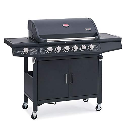 TAINO RED 6+1 Gasgrill 6-Brenner Grillwagen mit Seitenkocher, Thermometer, Grillspieß-Auflage, Piezo-Zündung und integriertem Flaschenhalter