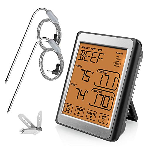 iKALULA Grillthermometer, Digital Funk BBQ Thermometer mit 2 Sonden Fleischthermometer Bratenthermometer,Orange Hinterbeleuchtung Mit LCD-Display Temperaturalarm, für BBQ, Garraum, Smoker, Steak