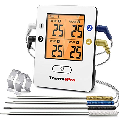 ThermoPro Bluetooth 5.0 Digital Bratenthermometer Grillthermometer Funk Fleischthermometer mit 4 Sonde für BBQ, Garraum, Smoker, Steak, Unterstützt IOS, Android, Reichweite bis zu 150m