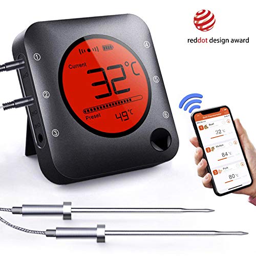 BFOUR Bluetooth Grillthermometer, Digital Funk BBQ Thermometer mit 2 Sonden Fleischthermometer Bratenthermometer 2 Temperaturfühlern mit Alarm Geschenk für Küche,Ofen, Fleisch und Flüssigkeit
