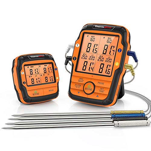 ThermoPro TP27C 150m Funk Grillthermometer mit 4 Sonden Fleischthermometer Bratenthermometer IPX4 Wasserdicht große LCD-Anzaige Küchenthermometer für BBQ, Gasgrill, Dutch Oven
