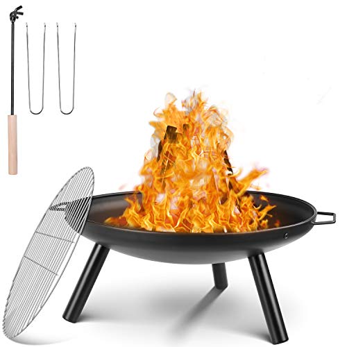Feuerschale Ø 61 cm, Feuerstelle mit Grillrost & Griffen, Multifunktional Feuerschalen für Heizung/BBQ, Garten Feuerkorb & Grill, für Camping Picknick Garten, 68 x 61 x 28.5cm,tragbar