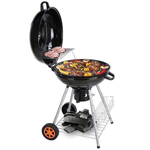 22 Zoll Kugelgrill, Grillwagen, Holzkohlegrill, inkl. 2 Grillrost, 2 Räder, Ablagefach, Ascheschale und Einstellbare Belüftung, Für 6-10 Personen,für Garten, Camping und Picknick,58 x 58 x 87 cm