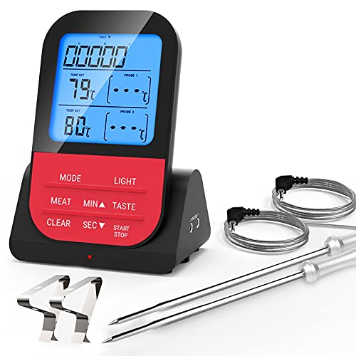 Grillthermometer Kabellos Fleischthermometer Funk Bratenthermometer Digital Magnetisch mit Timer LCD Display 2 Sonde Wireless Kerntemperatur Thermometer Steak Backofen Garten BBQ Camping Grill Zubehör