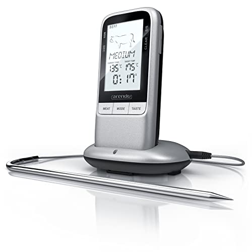 Arendo - Grillthermometer digital Funk Kabellos - Fleischthermometer mit Edelstahlsonde - Kerntemperatur - Alarm – BBQ Steak Grill Meat Fleisch -Countdown / Countup – bis 250°C