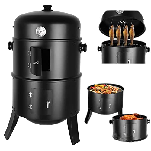 Räucherofen, Smoker, Räuchertonne, Ø44,5 * 80 cm, inkl. Wasserschale, 2 Grillrost（φ 37,5 cm）, regulierbar Luftabzug und Thermometer, 3-in-1Holzkohlegrill,für Räuchern, Grillen & Garen