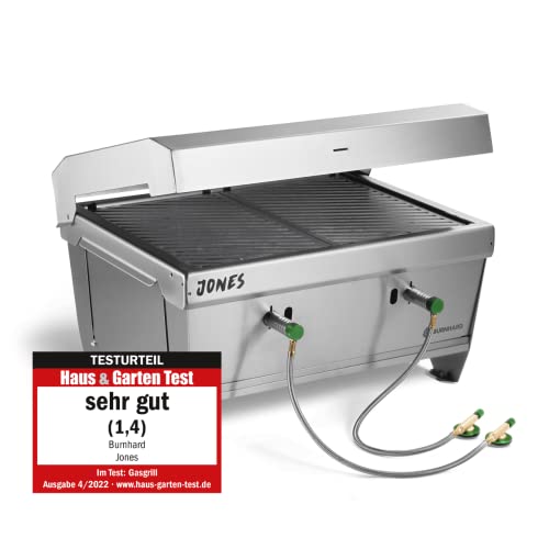 BURNHARD Klappgrill Jones 2-Brenner mit Deckel, 6,4 kW Edelstahl Gasgrill inkl. Transporttasche mit Rucksackfunktion und Multitool, Faltgrill ideal für Camping