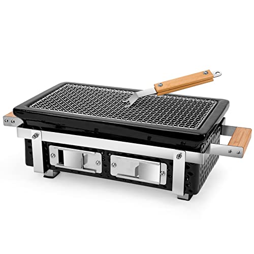 Onlyfire Keramik Holzkohlegrill, Rechteckig, Rauchfrei Mobiler Grill, BBQ Holzkohlegrill mit Edelstahlrost, Holzkohle Camping Grill für das Kochen im Freien und Drinnen