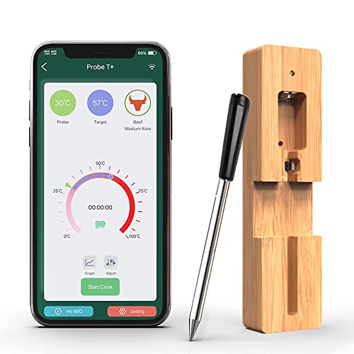 Thermometer Bluetooth Signal 50m Fleischthermometer Kabellos Grillthermometer Meat Thermometer Bratenthermometer für Ofen Grill Küche BBQ Smoker Rotisserie,Deutsche IOS/Android kompatible APP
