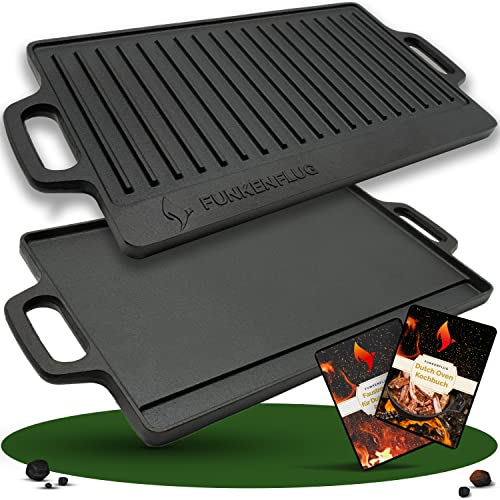 Funkenflug® Grillplatte Gusseisen [45,5x23 cm] für sensationelle Grill Ergebnisse ohne Anbrennen - Gussplatte für Gasgrill, Holzkohlegrill, Ofen & Herd - Grillplatte Gasgrill mit Fettauffangfläche