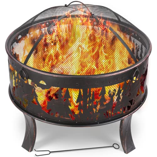 Feuerschale, Feuerschale Garten, Feuerkorb mit Funkenschutz, Feuerstelle Retro-Look, inkl. Poker & Kohlerost, Heizung im Winter, Stabil, Exquisites Elchmuster Ø71x65cm, für Garten, Camping, Strand